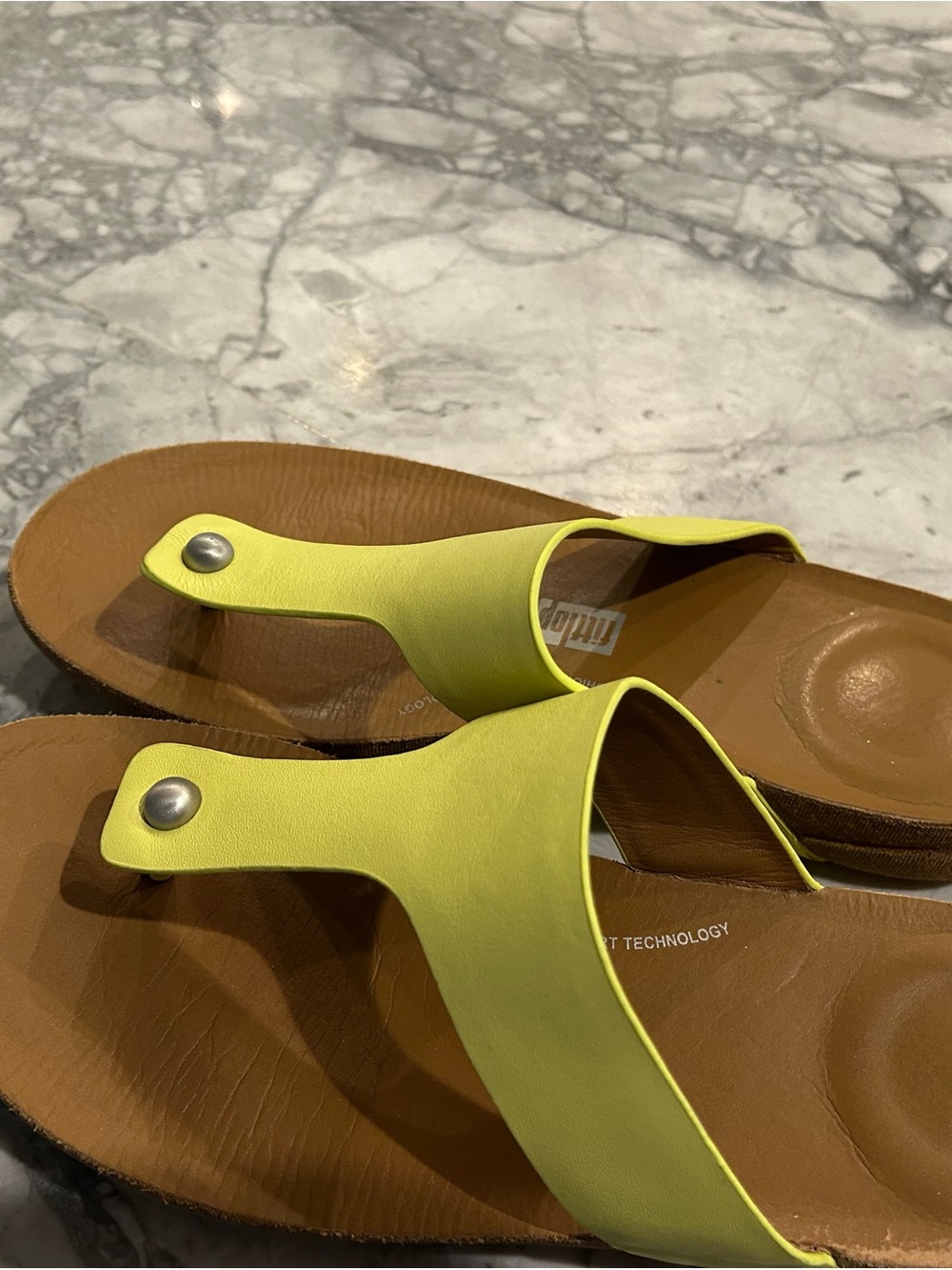 Fitflop Yellow Leather Toe-Post Sandals with Brown Footbed